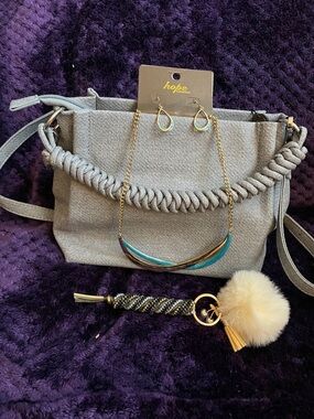 ID Vegan Denim Satchel/ Crossbody,Keychain/Bag Charm, Necklace Earring Set NEW